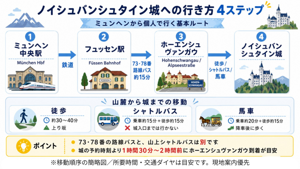 ミュンヘン中央駅からフュッセン駅、ホーエンシュヴァンガウを経てノイシュバンシュタイン城へ行く4ステップ