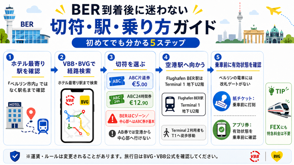 BER空港到着後にホテル最寄り駅の確認、経路検索、ABC券選び、空港駅への移動、乗車前確認までを示した5ステップ図解