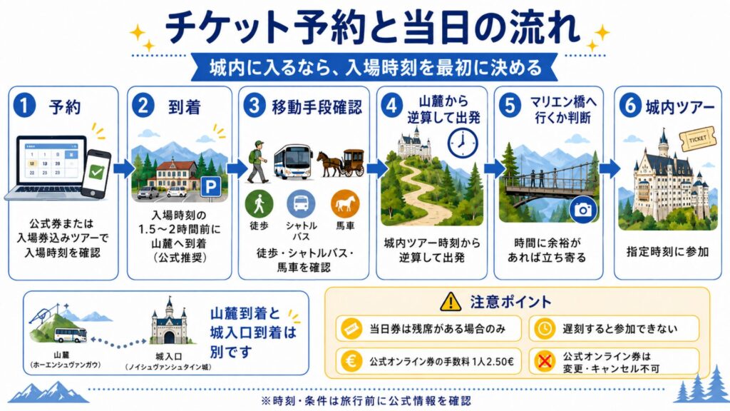 ノイシュヴァンシュタイン城のチケット予約から山麓到着、移動手段確認、マリエン橋、城内ツアーまでの流れ