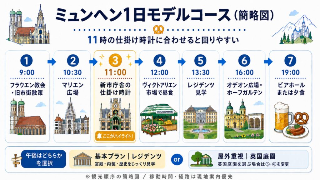 フラウエン教会からマリエン広場、仕掛け時計、レジデンツへ進むミュンヘン1日観光モデルコースの順序図