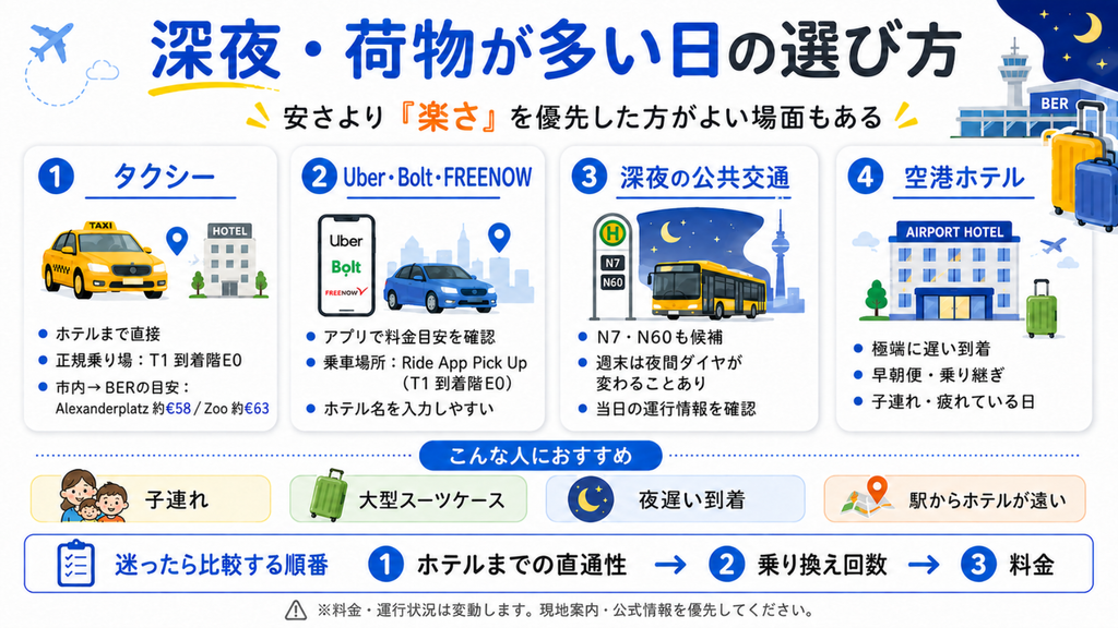 ベルリンBER空港で深夜到着や荷物が多い場合のタクシー・配車アプリ・夜行バス・空港ホテルの選び方