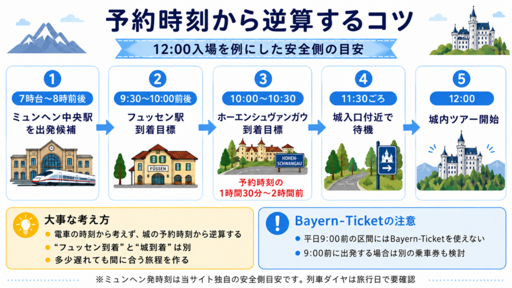 ノイシュバンシュタイン城12時入場から逆算したミュンヘン出発・フュッセン・ホーエンシュヴァンガウ到着時間の目安