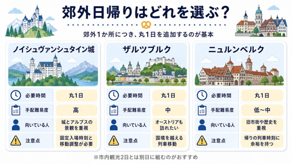 ミュンヘン発の日帰り先として、ノイシュヴァンシュタイン城・ザルツブルク・ニュルンベルクを比較した図解