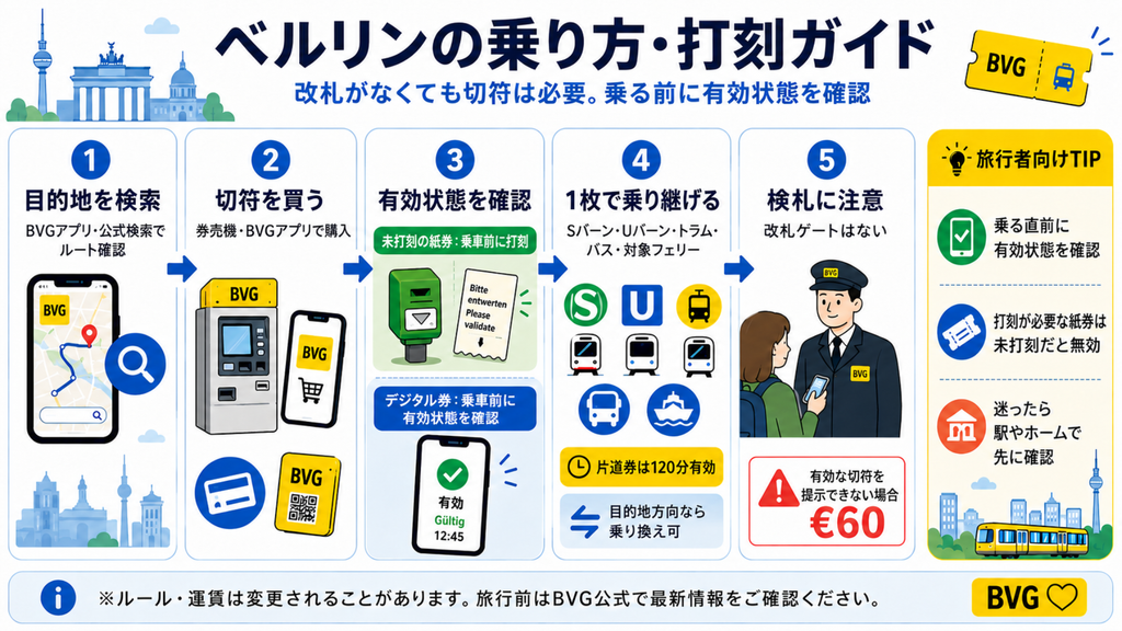 ベルリン公共交通で経路検索、切符購入、打刻と有効状態確認、乗り換え、検札までを示した乗り方ガイド