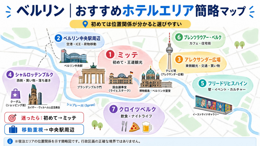 ベルリンのミッテ・中央駅・アレクサンダー広場・シャルロッテンブルク・フリードリヒスハインなど7つのおすすめホテルエリア簡略マップ