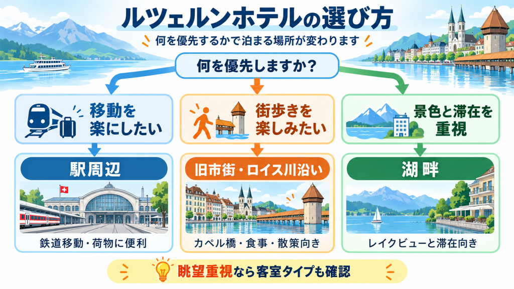 ルツェルンのホテルを駅周辺、旧市街・ロイス川沿い、湖畔から選ぶフローチャート