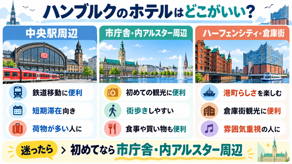 ハンブルクのホテルを中央駅周辺、市庁舎・内アルスター周辺、ハーフェンシティ・倉庫街から選ぶ図解