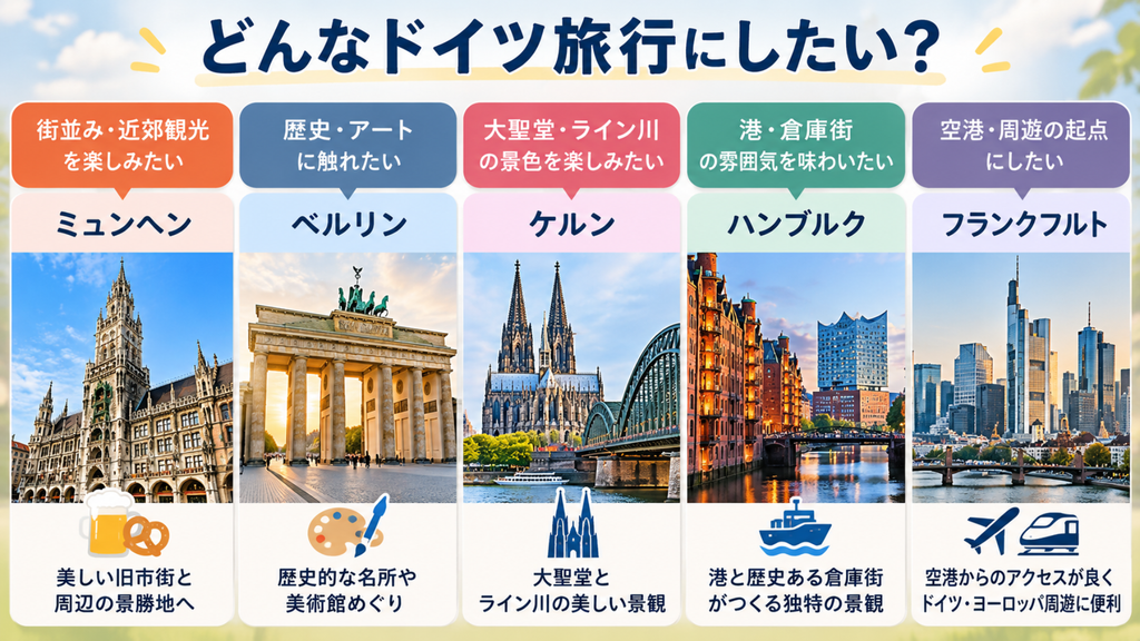 ドイツ旅行でミュンヘン・ベルリン・ケルン・ハンブルク・フランクフルトを旅の目的別に選ぶ図解