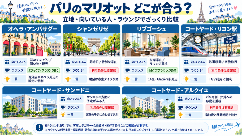 パリのマリオット系列6ホテルの比較図。オペラは買い物・観光、シャンゼリゼは特別な滞在、リブゴーシュは左岸・ラウンジ、リヨン駅は鉄道移動向き。サン＝ドニとアルクイユは郊外の予定に合わせて選ぶ