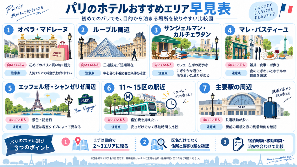 パリのおすすめ宿泊エリア早見表。オペラは買い物、ルーブルは王道観光、サンジェルマンは左岸の街歩き、マレは雑貨・食事、エッフェル塔周辺は景色、11〜15区の駅近は費用比較、主要駅周辺は鉄道移動向き