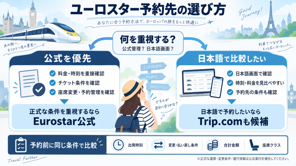 ユーロスターの予約先の選び方。正式な条件を重視する場合はEurostar公式、日本語で料金や時刻を比較したい場合はTrip.comを候補にする図解