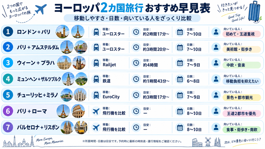 ヨーロッパ2カ国旅行おすすめ早見表。ロンドンとパリ、パリとアムステルダム、ウィーンとプラハ、ミュンヘンとザルツブルク、チューリッヒとミラノなど7組を移動時間・日数・向いている人で比較