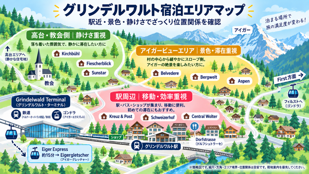 グリンデルワルトの宿泊エリアを駅周辺・アイガービュー・高台教会側の3エリアで示した簡略マップ