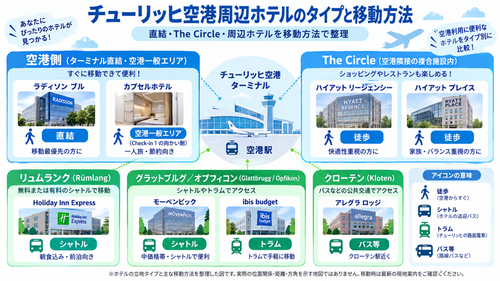 チューリッヒ空港周辺ホテル8軒を直結、The Circle、周辺エリアと空港への移動方法別に整理した図