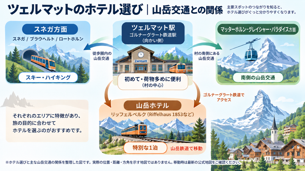 ツェルマット駅、スネガ方面、マッターホルン・グレイシャー・パラダイス方面、山岳ホテルとホテル選びの関係図