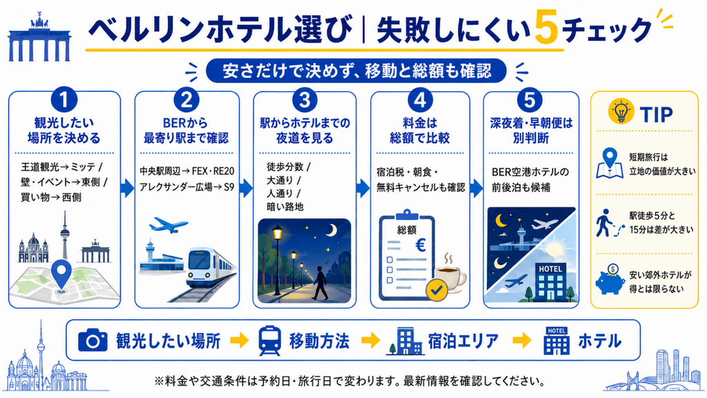 ベルリンのホテル選びで観光場所、空港アクセス、駅からの夜道、総額、深夜早朝便を確認する5ステップ図解