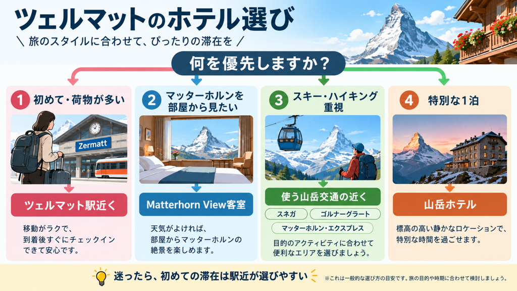 ツェルマットのホテルを駅近、マッターホルンビュー、山岳交通、山岳ホテルから選ぶフローチャート