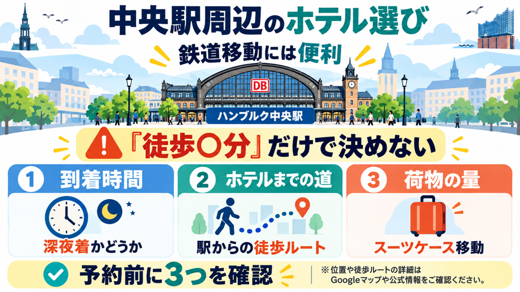 ハンブルク中央駅周辺のホテルを到着時間・徒歩ルート・荷物の量で選ぶ図解