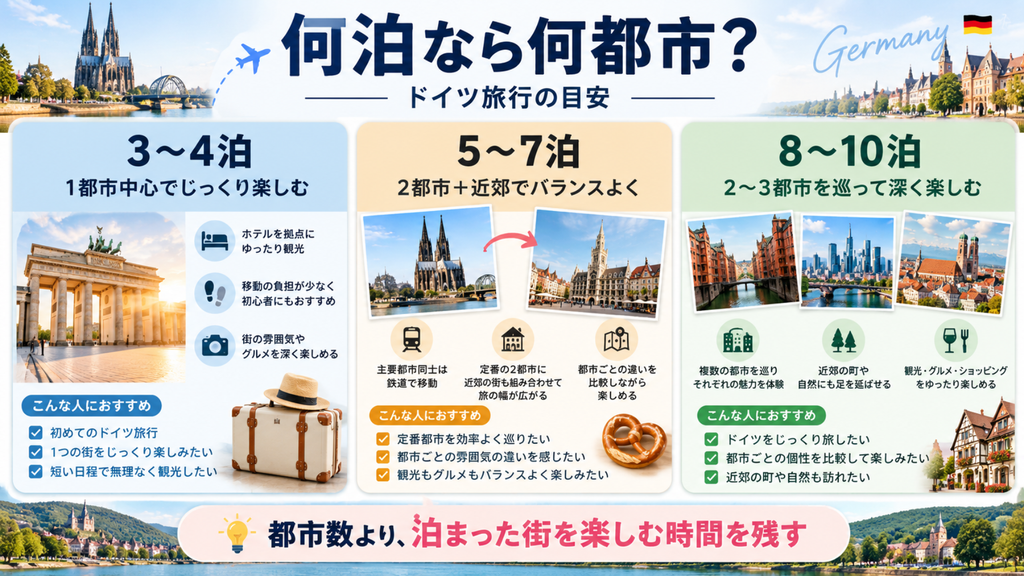 ドイツ旅行の日数別に3〜4泊は1都市、5〜7泊は2都市、8〜10泊は2〜3都市を目安にした図解