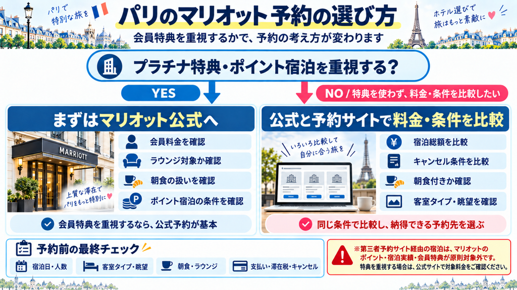 パリのマリオット予約先の選び方。会員特典やポイント宿泊を重視する場合は公式、特典を使わない場合は公式と予約サイトで料金・条件を比較するフローチャート