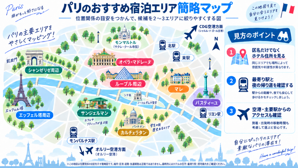 パリの主要宿泊エリアと駅の位置関係を示す簡略図。オペラ・ルーブル・マレはセーヌ川の北側、サンジェルマンとカルチェラタンは南側。北駅・東駅・リヨン駅・モンパルナス駅の位置も示す