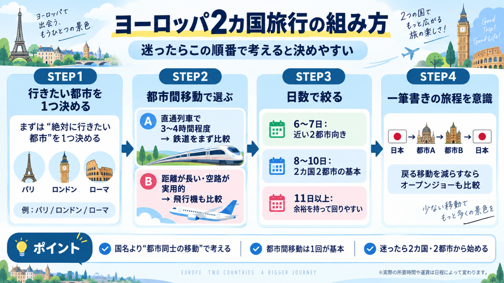ヨーロッパ2カ国旅行の組み方。行きたい都市を決め、都市間移動を比較し、旅行日数で絞り、日本から都市A、都市B、日本へ戻る一筆書きルートを考える4ステップ
