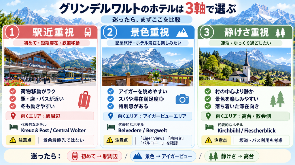 グリンデルワルトのホテル選びを駅近重視・景色重視・静けさ重視の3軸で比較した図