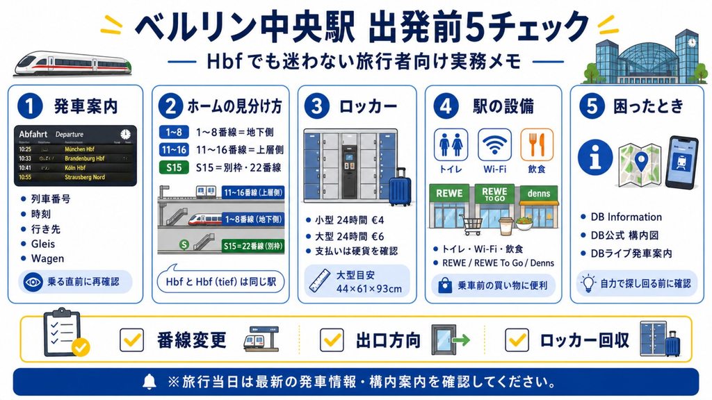 ベルリン中央駅で出発前に発車番線、ホーム、ロッカー、駅設備、DB案内を確認する5項目のチェックリスト