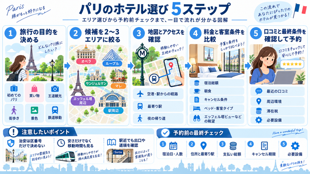 パリのホテル選び5ステップ。旅行目的を決め、候補エリアを絞り、地図とアクセスを確認し、料金・客室条件を比較して、口コミと最終条件を確認して予約する流れ