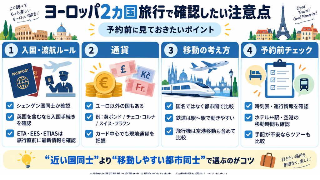 ヨーロッパ2カ国旅行の注意点チェックリスト。シェンゲン圏と英国の入国ルール、通貨、鉄道と飛行機の移動比較、時刻表やホテルから駅・空港までの予約前確認を示す