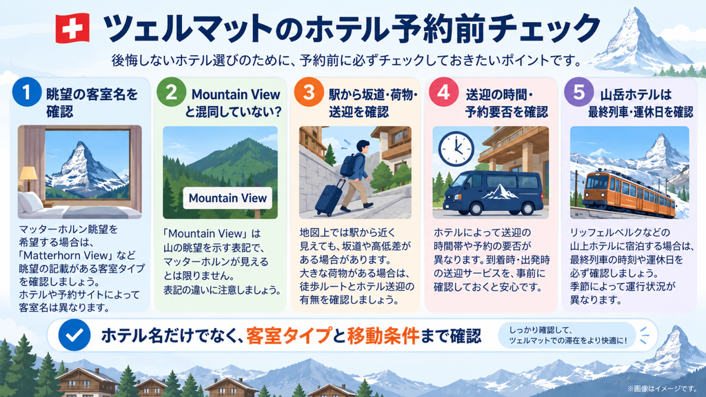 ツェルマットのホテル予約前に確認するマッターホルンビュー、坂道、送迎、山岳交通のチェック項目